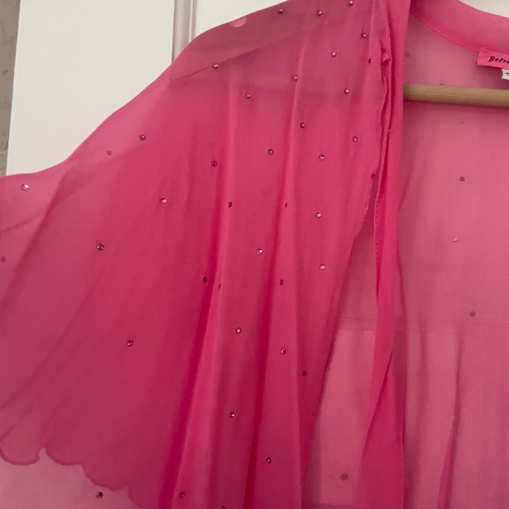 Rare Vintage 90s betsey johnson ultra pink rhinestone chiffon cape - Picture 2 of 8
